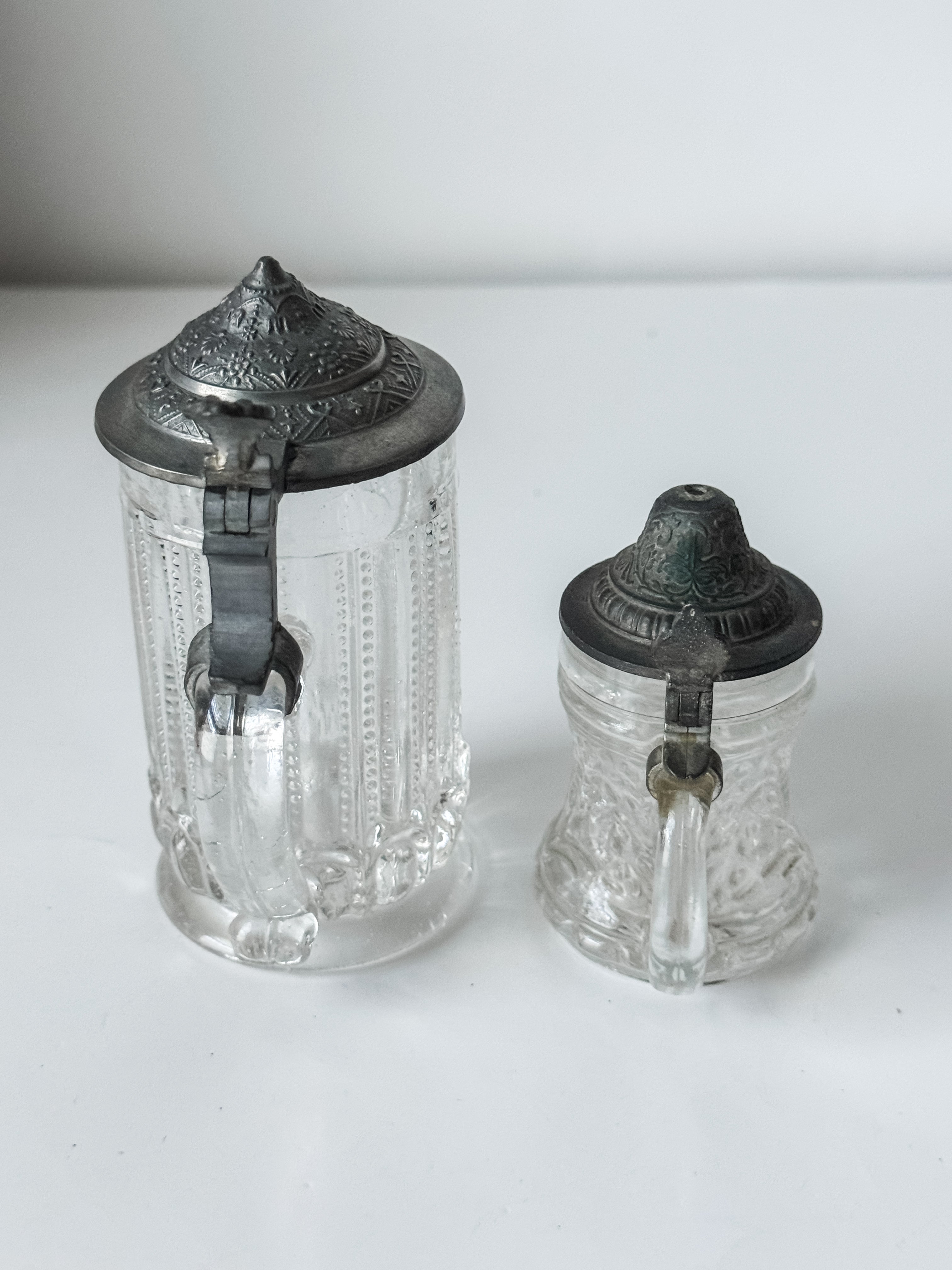 Set Of Two Small German Glass And Pewter Tankards