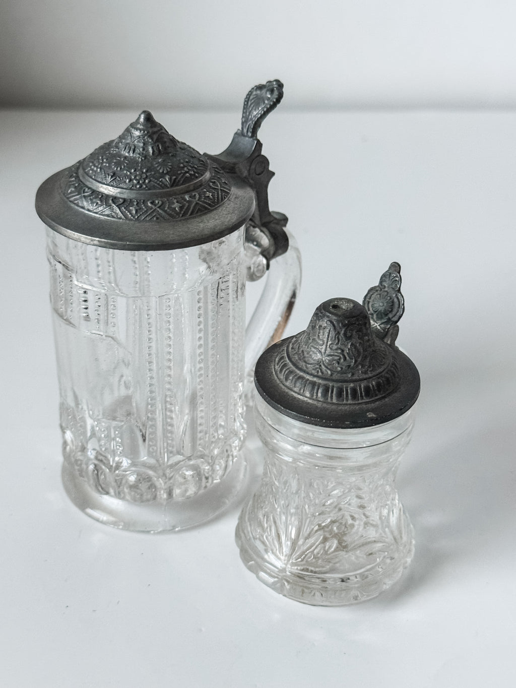 Set Of Two Small German Glass And Pewter Tankards
