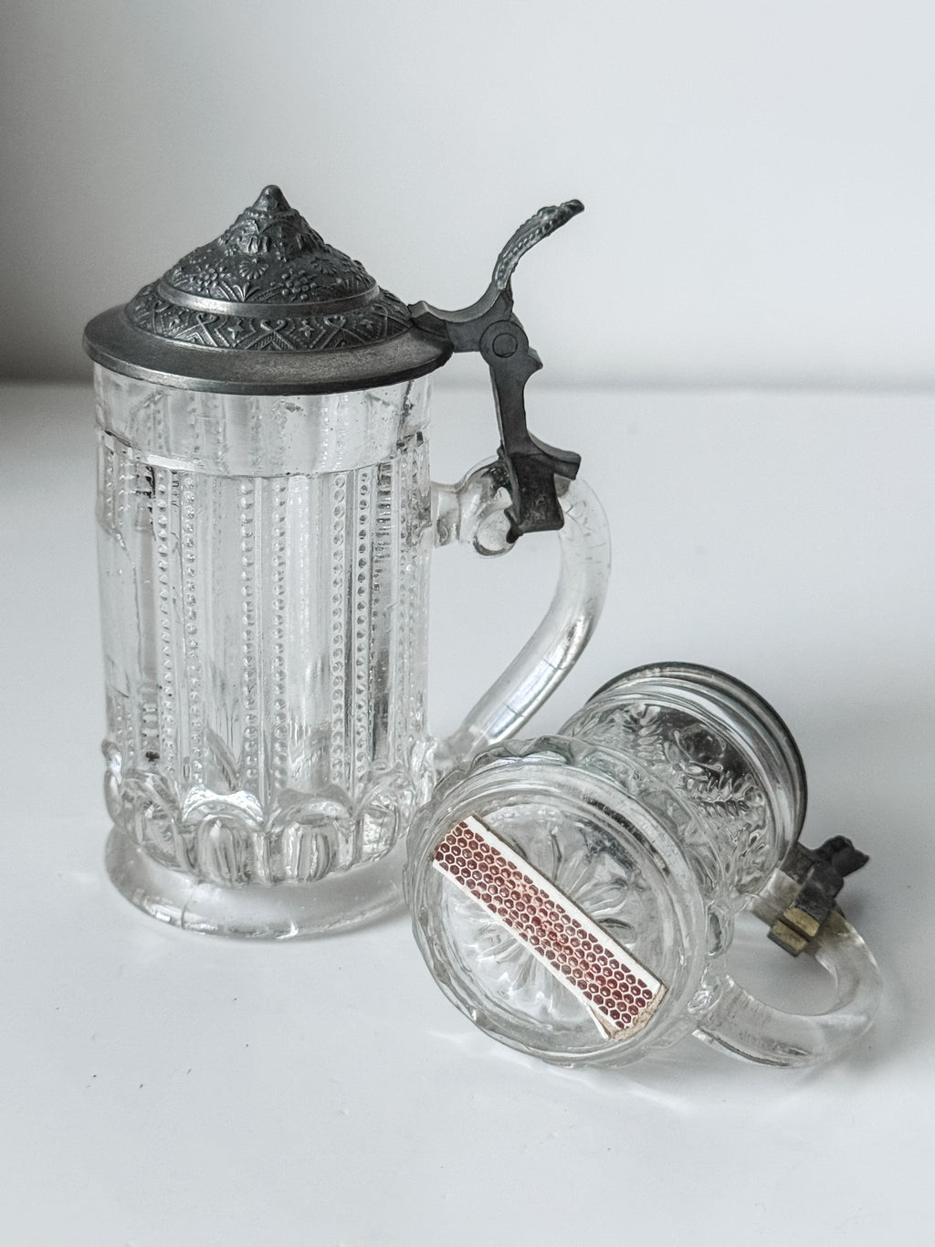 Set Of Two Small German Glass And Pewter Tankards