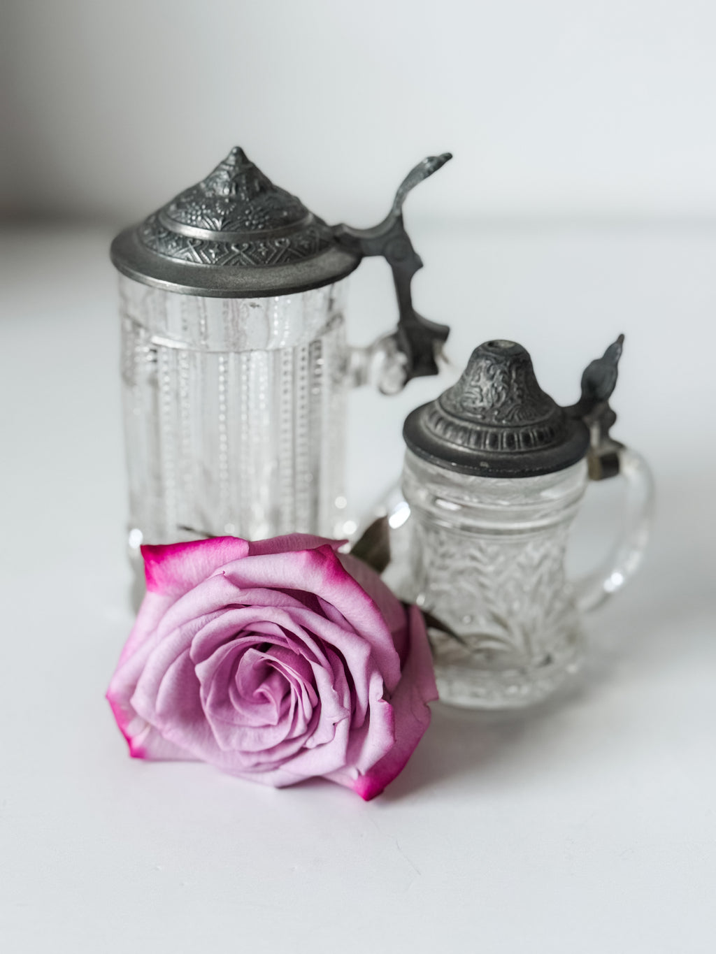 Set Of Two Small German Glass And Pewter Tankards