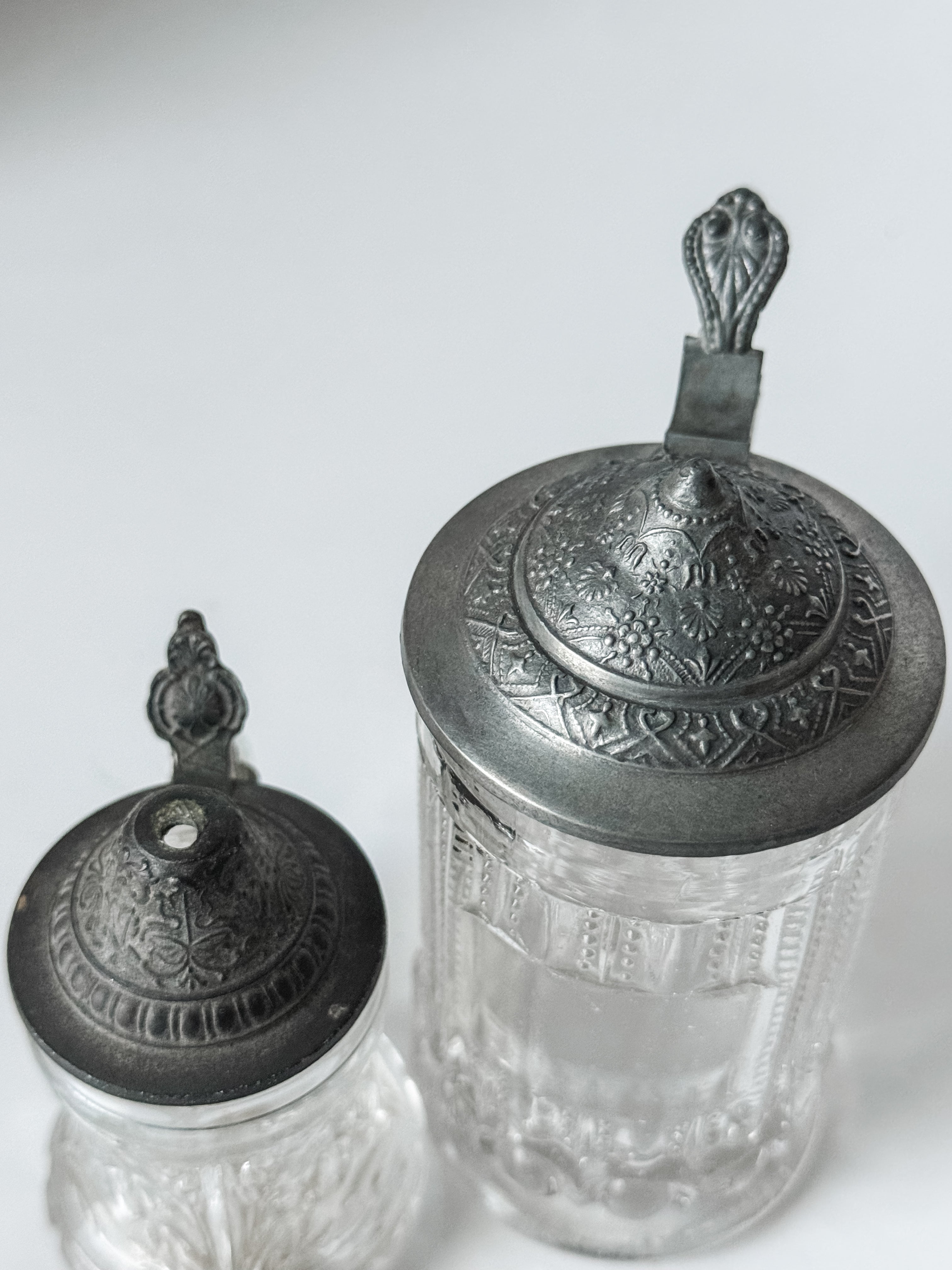Set Of Two Small German Glass And Pewter Tankards