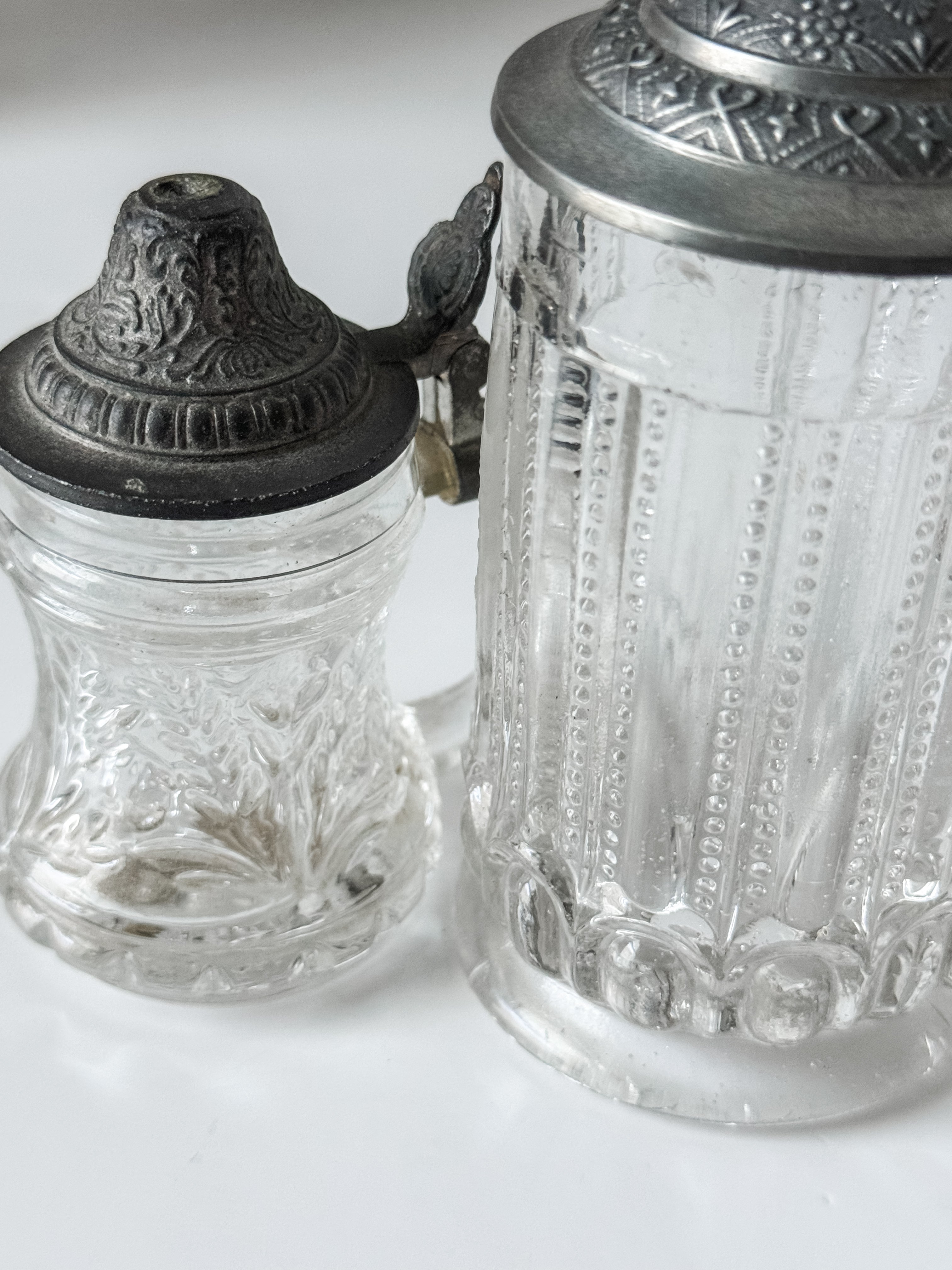 Set Of Two Small German Glass And Pewter Tankards