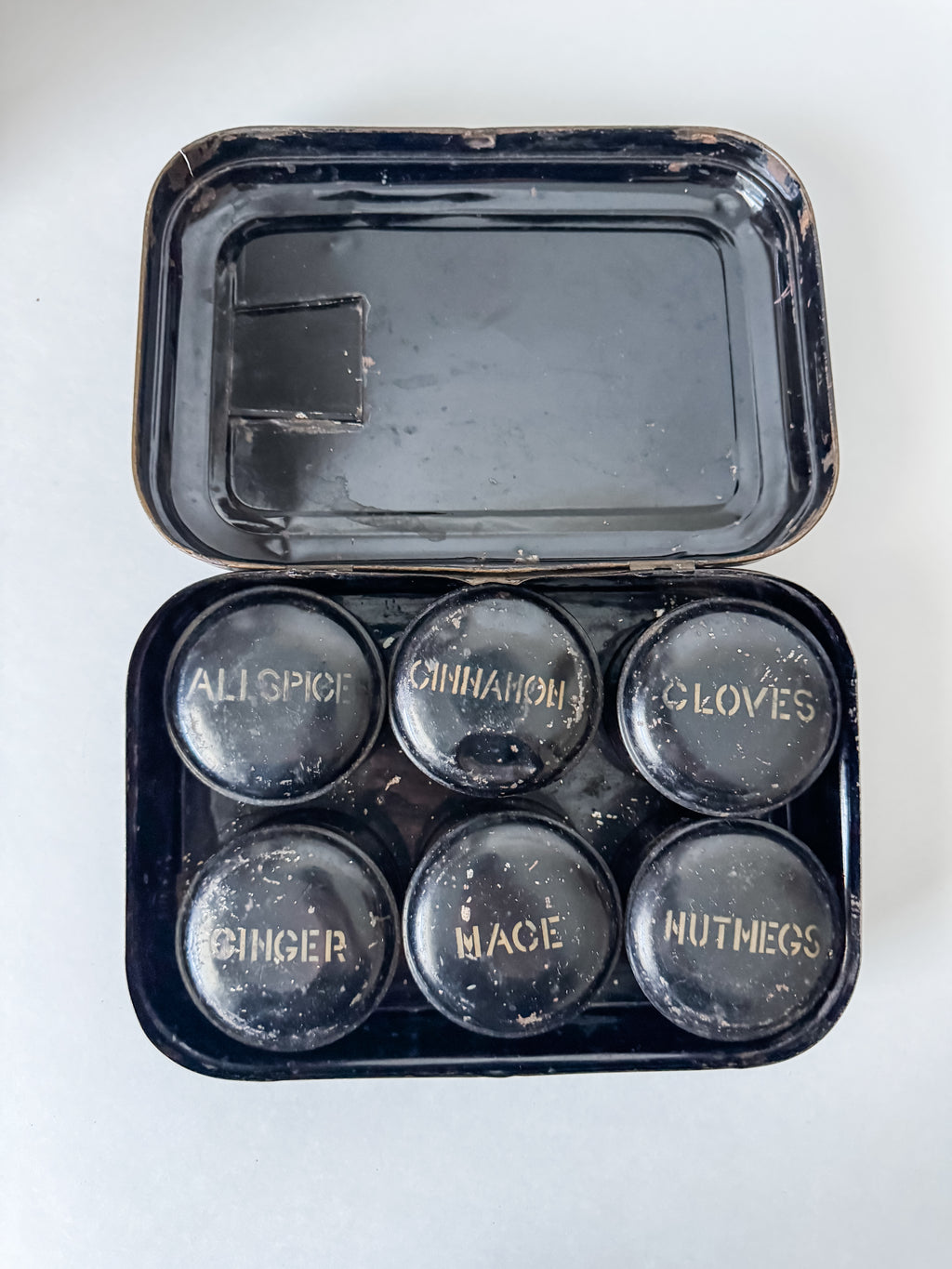 Antique Toleware Spice Tin With Six Spice Canisters