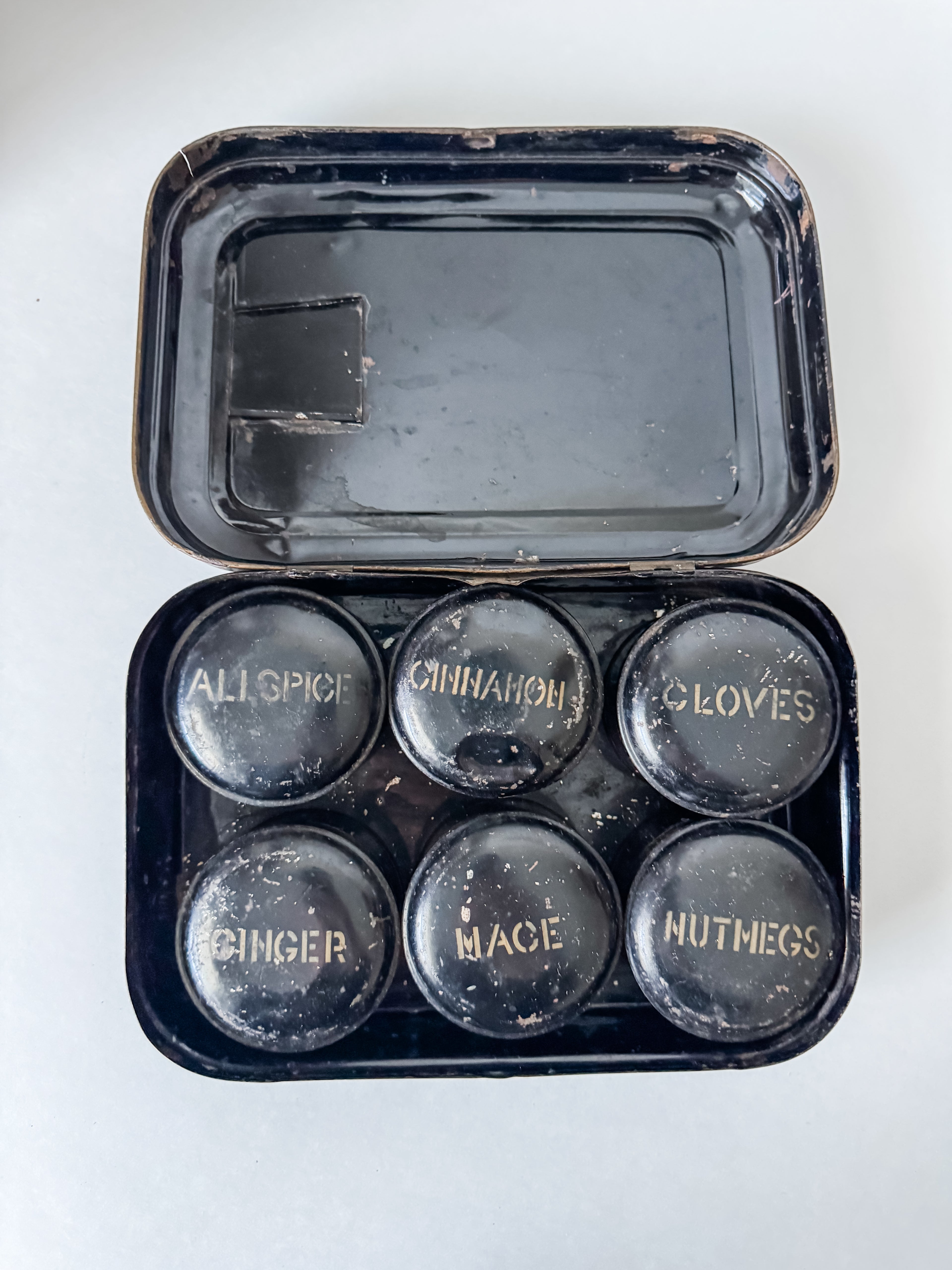 Antique Toleware Spice Tin With Six Spice Canisters