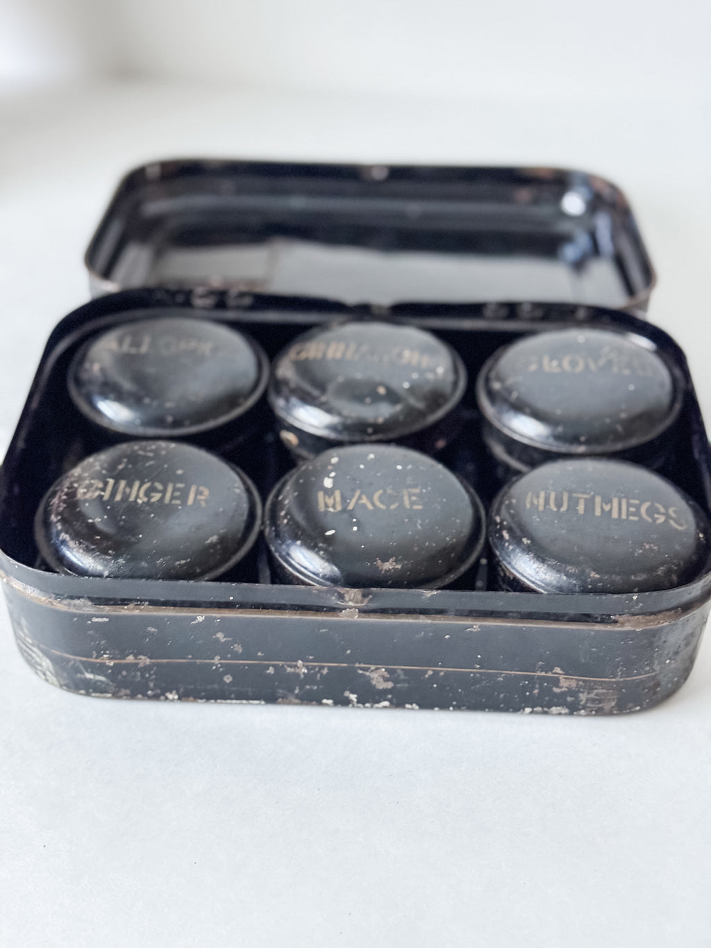 Antique Toleware Spice Tin With Six Spice Canisters