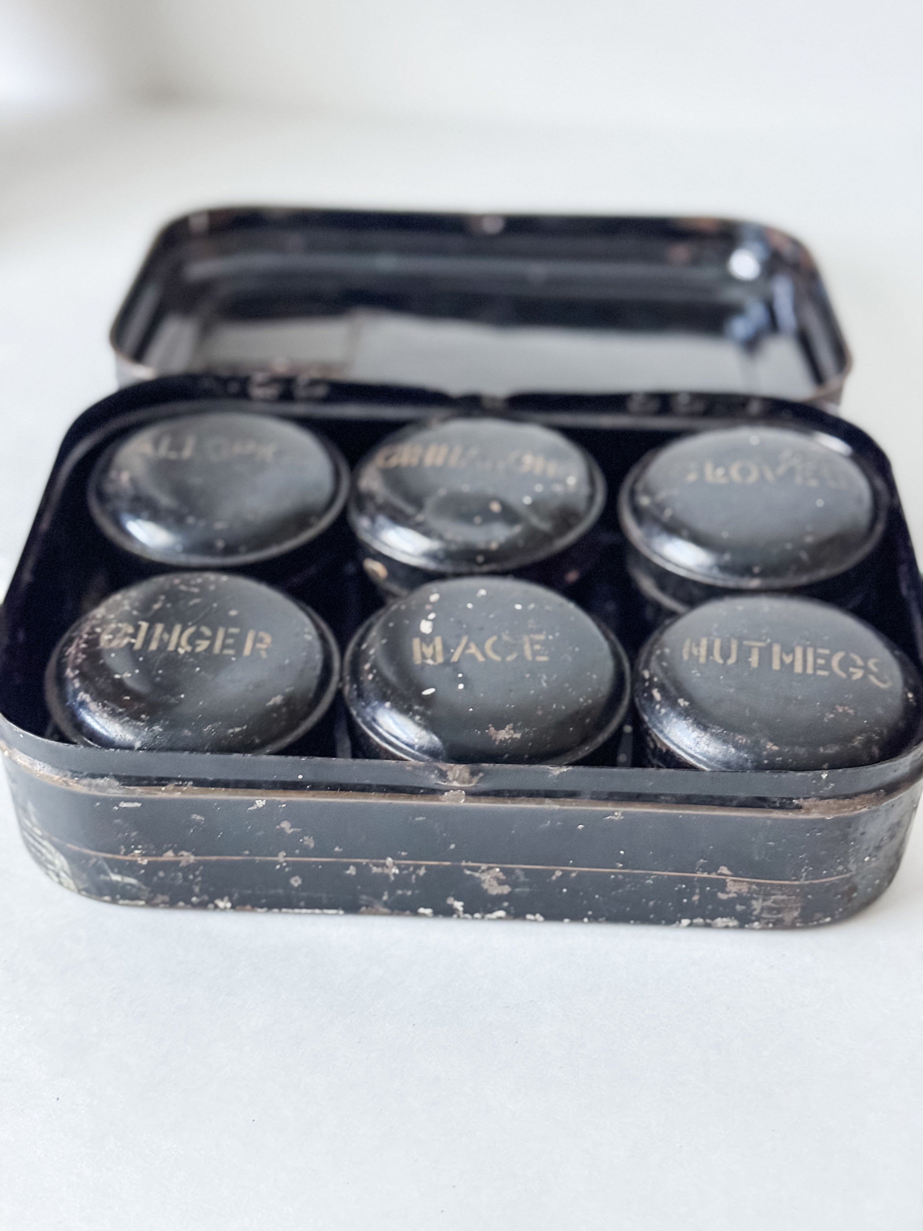 Antique Toleware Spice Tin With Six Spice Canisters