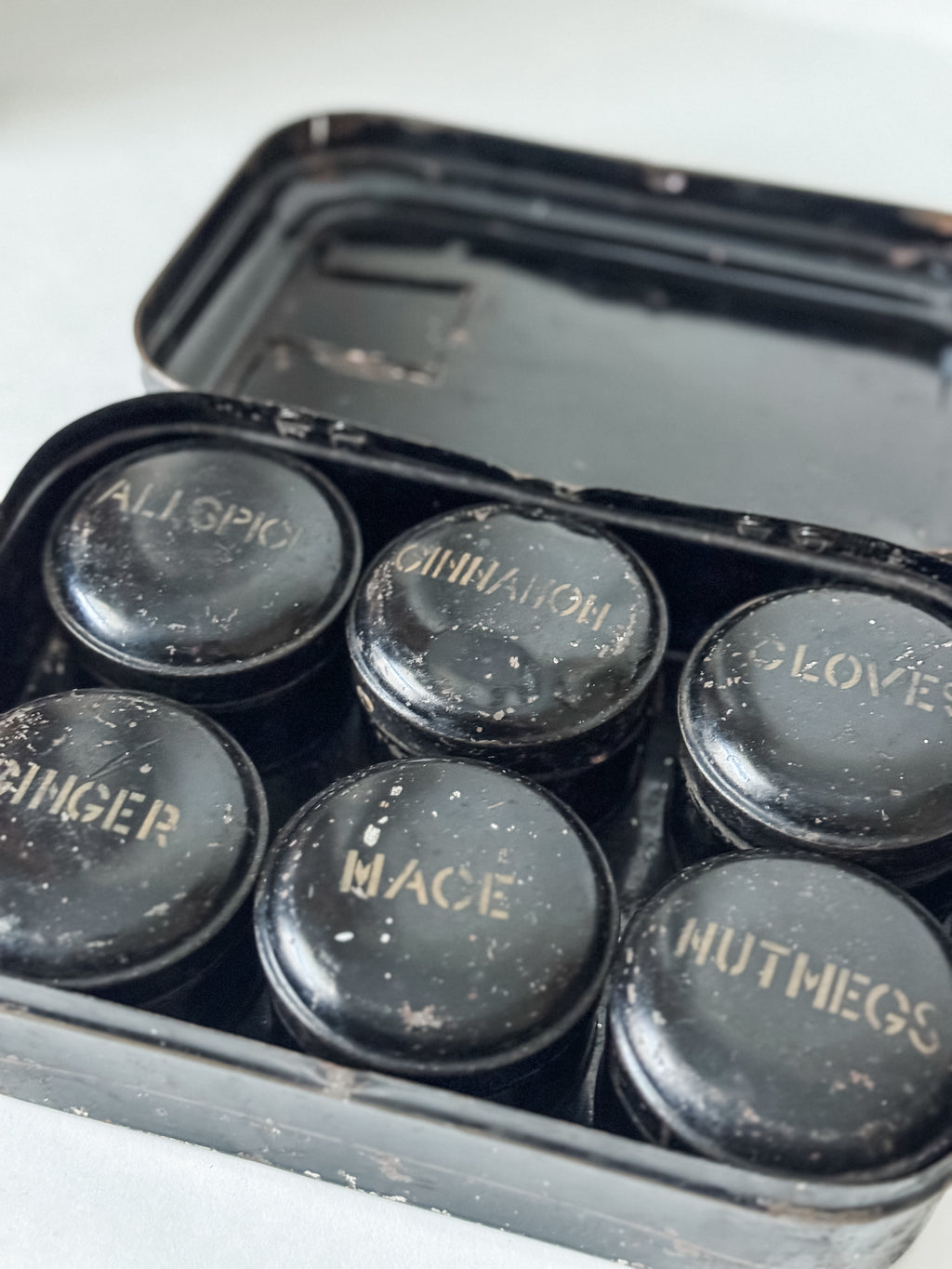 Antique Toleware Spice Tin With Six Spice Canisters