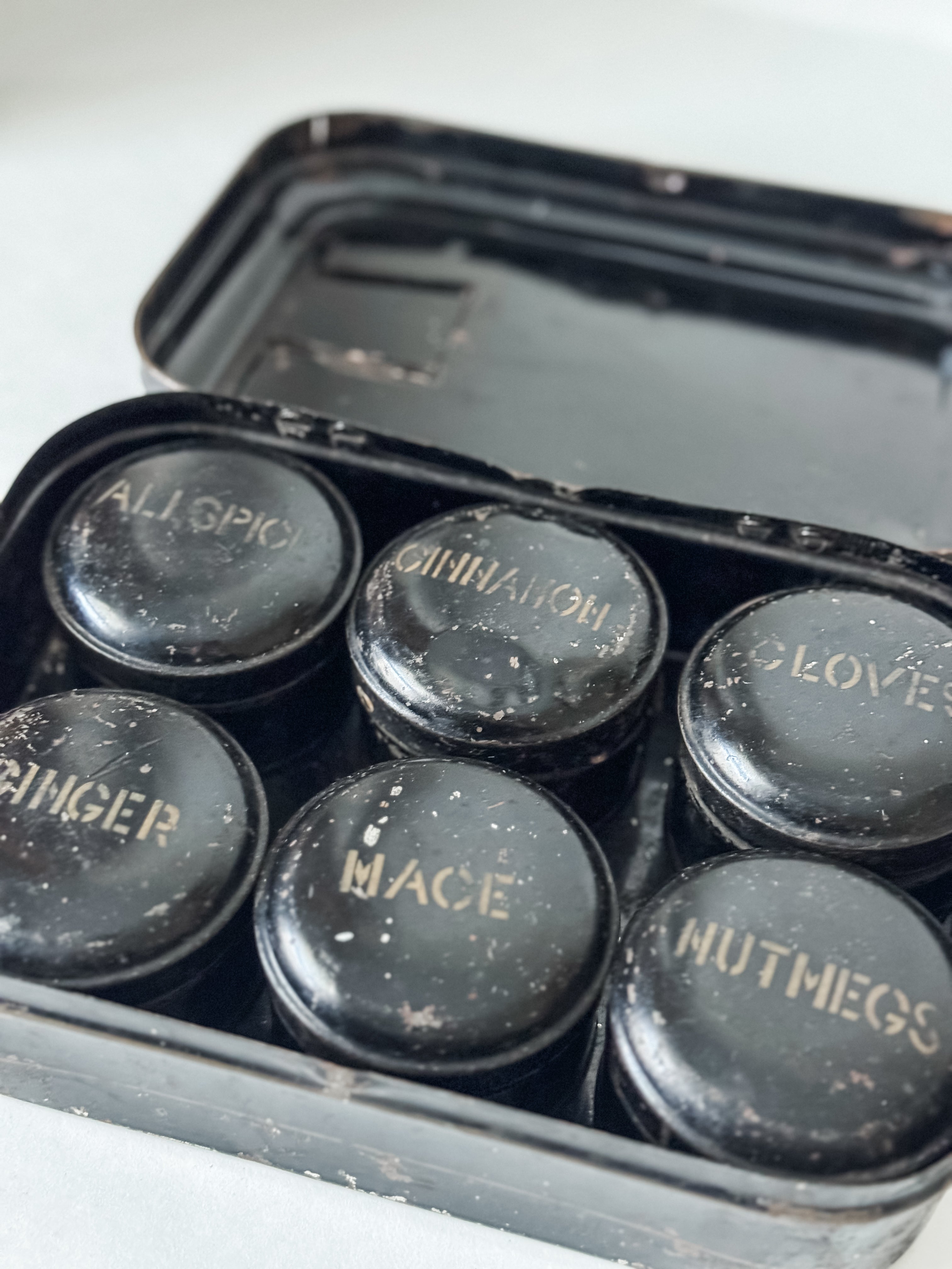 Antique Toleware Spice Tin With Six Spice Canisters