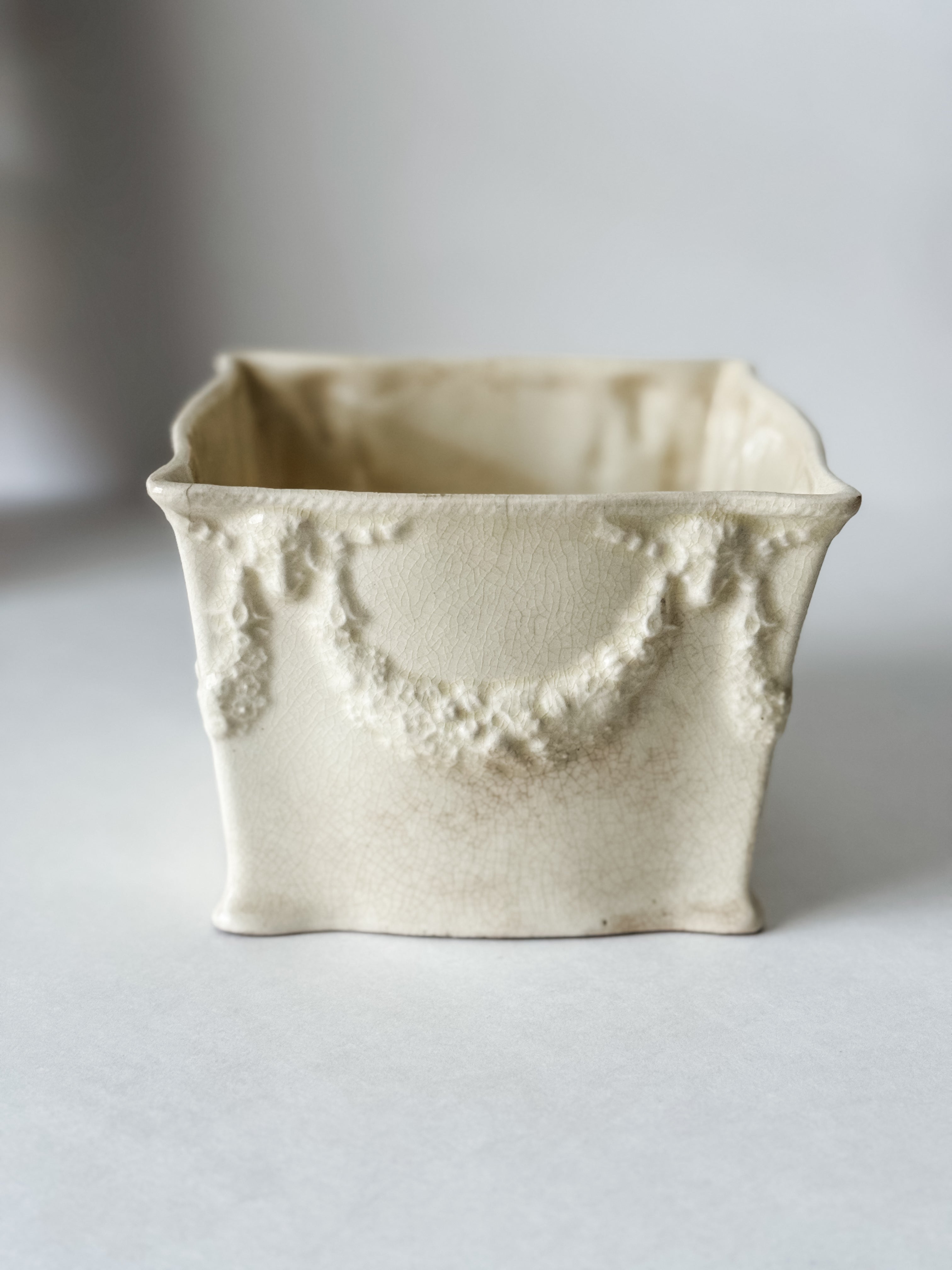 Vintage Pale Yellow Garden Pot With Bow And Floral Detail