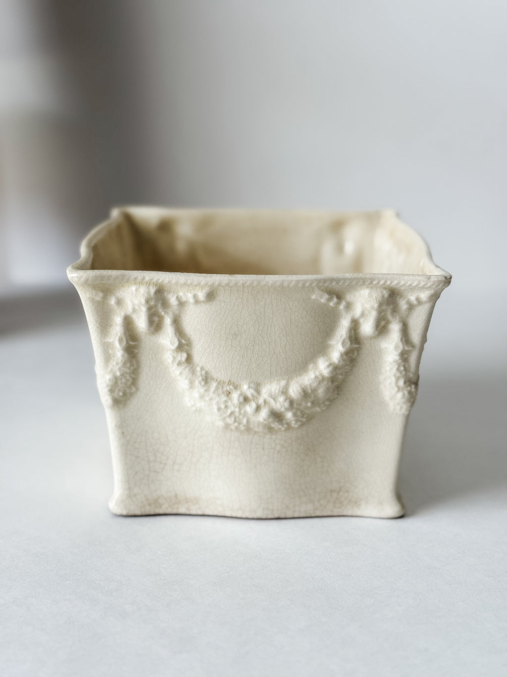 Vintage Pale Yellow Garden Pot With Bow And Floral Detail