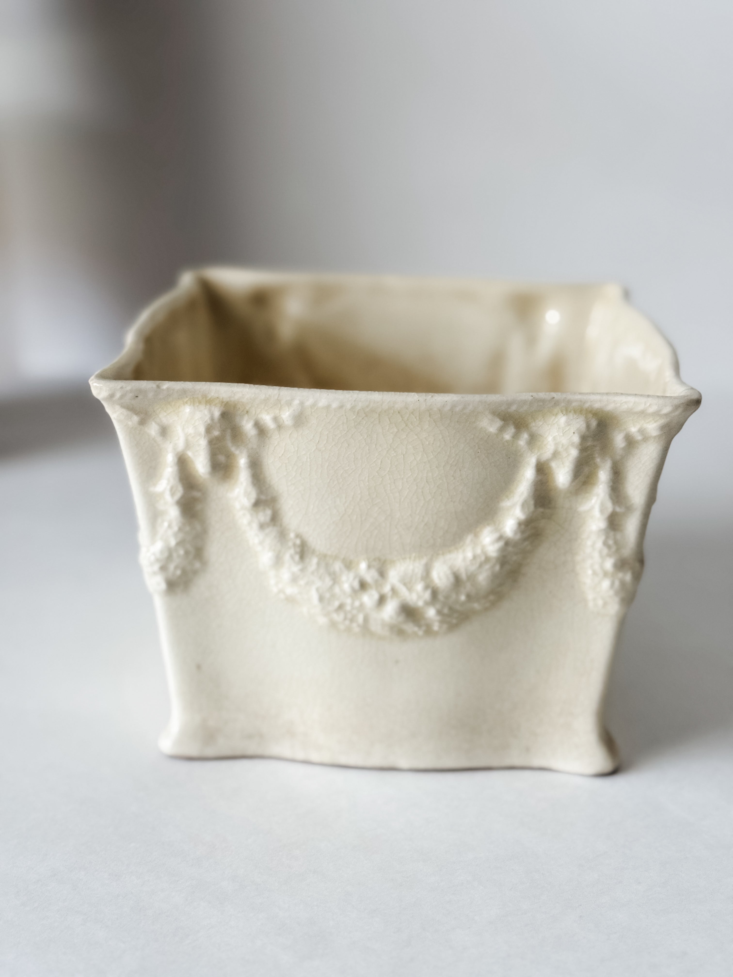 Vintage Pale Yellow Garden Pot With Bow And Floral Detail