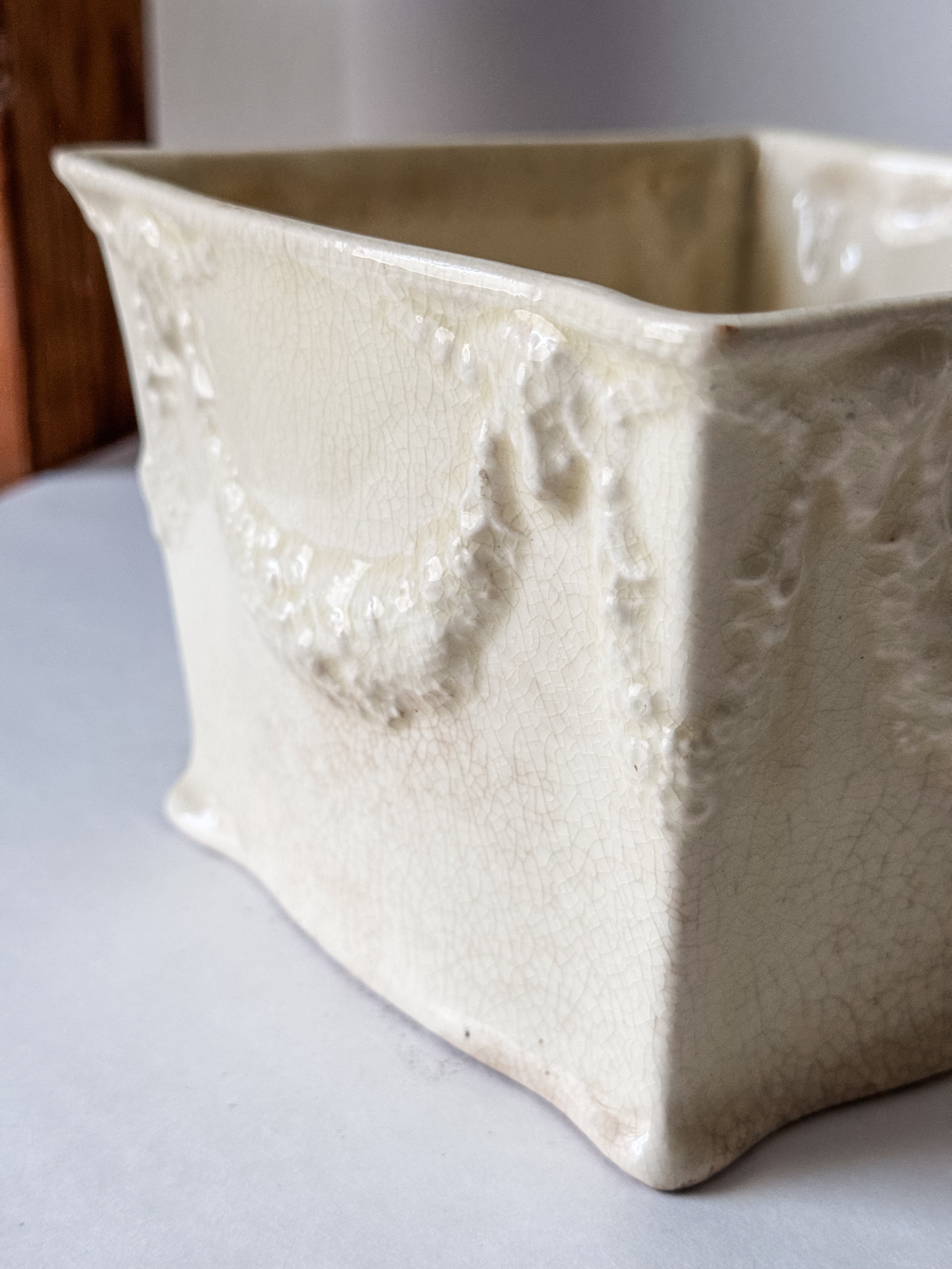 Vintage Pale Yellow Garden Pot With Bow And Floral Detail