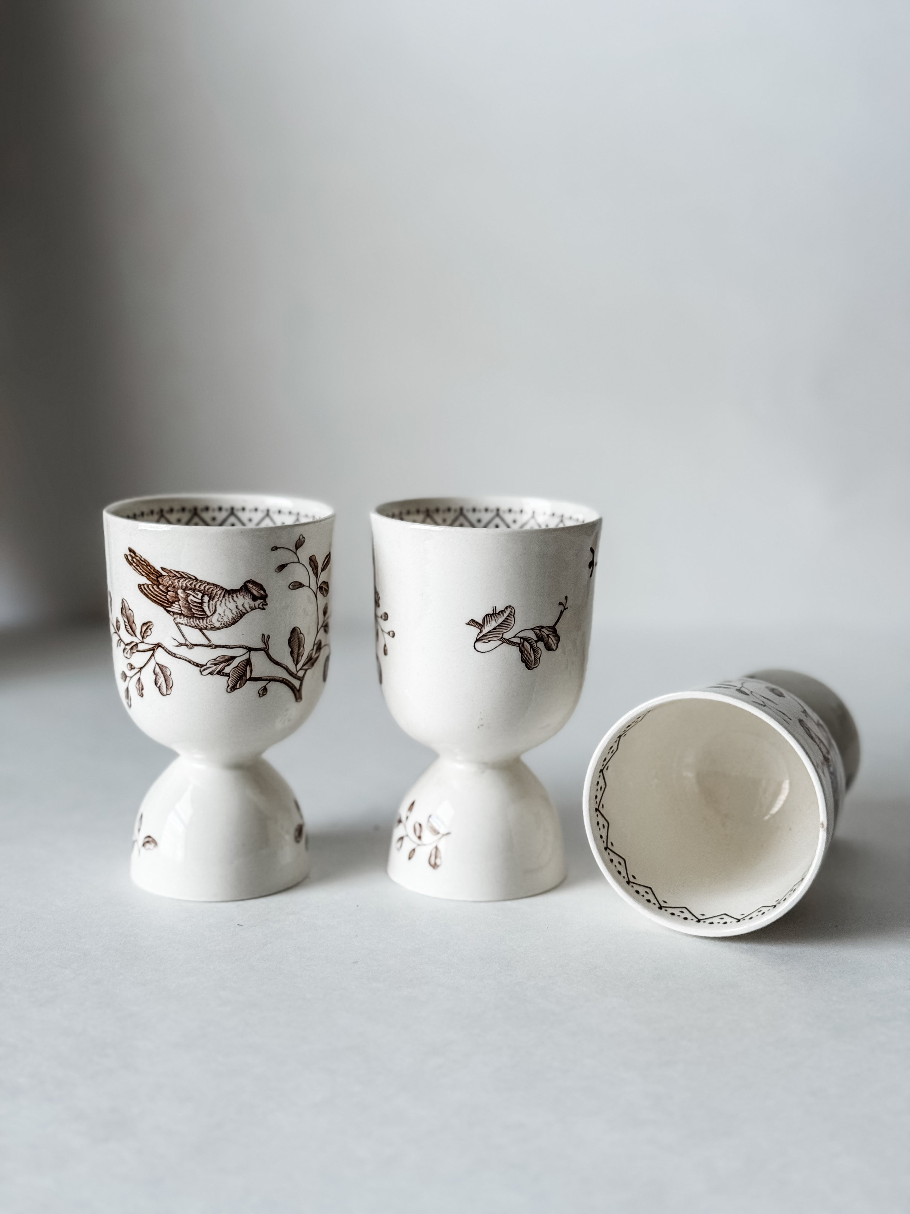 Vintage English Brown Transferware Bird Egg Cups