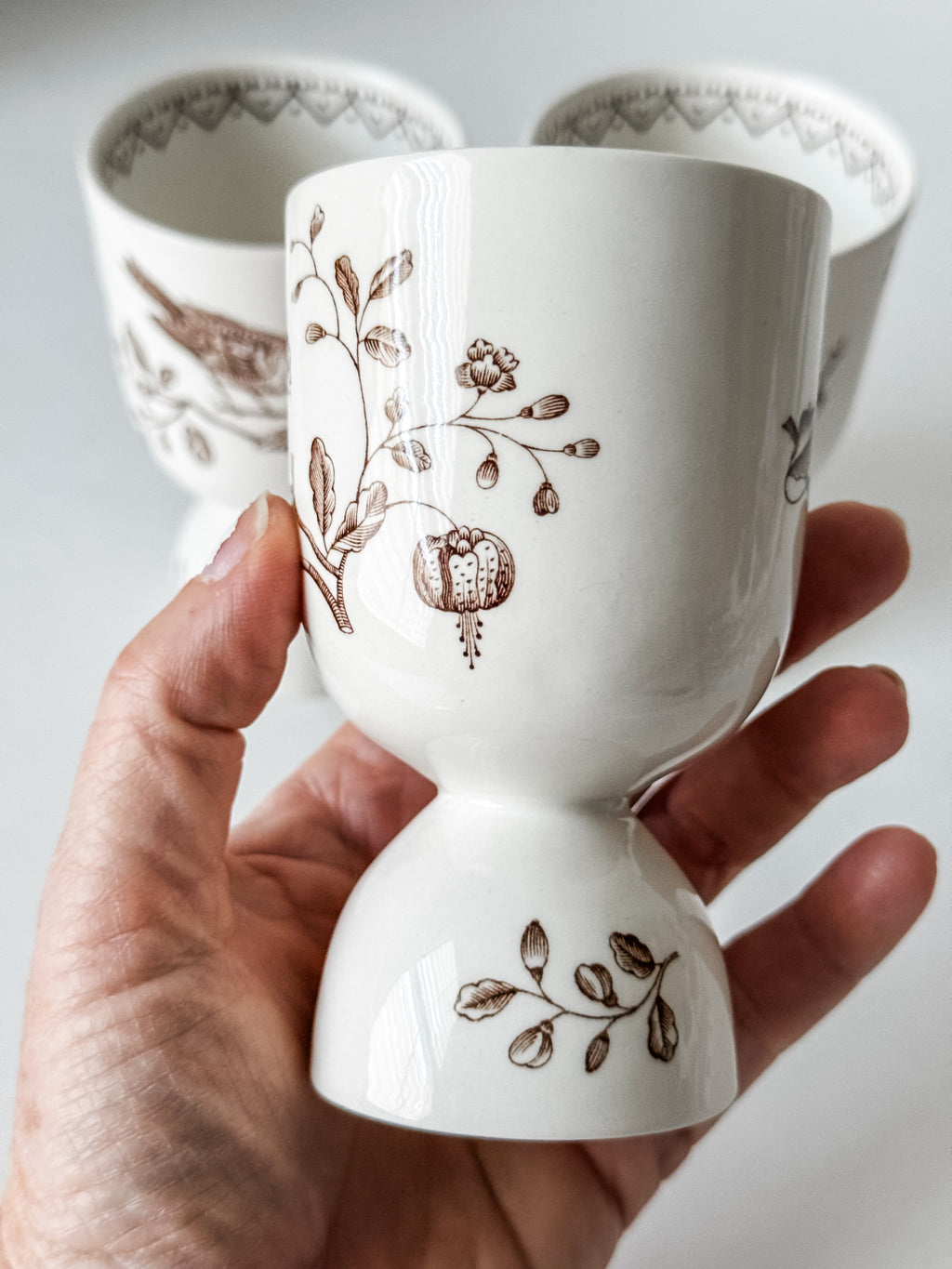 Vintage English Brown Transferware Bird Egg Cups