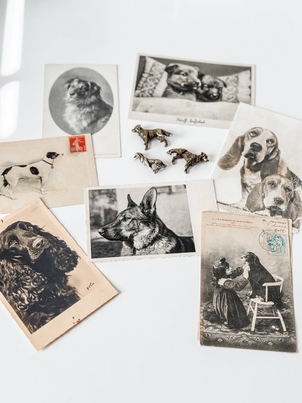 Collection Of Dog Themed Vintage And Antique Postcards And Brass Figures