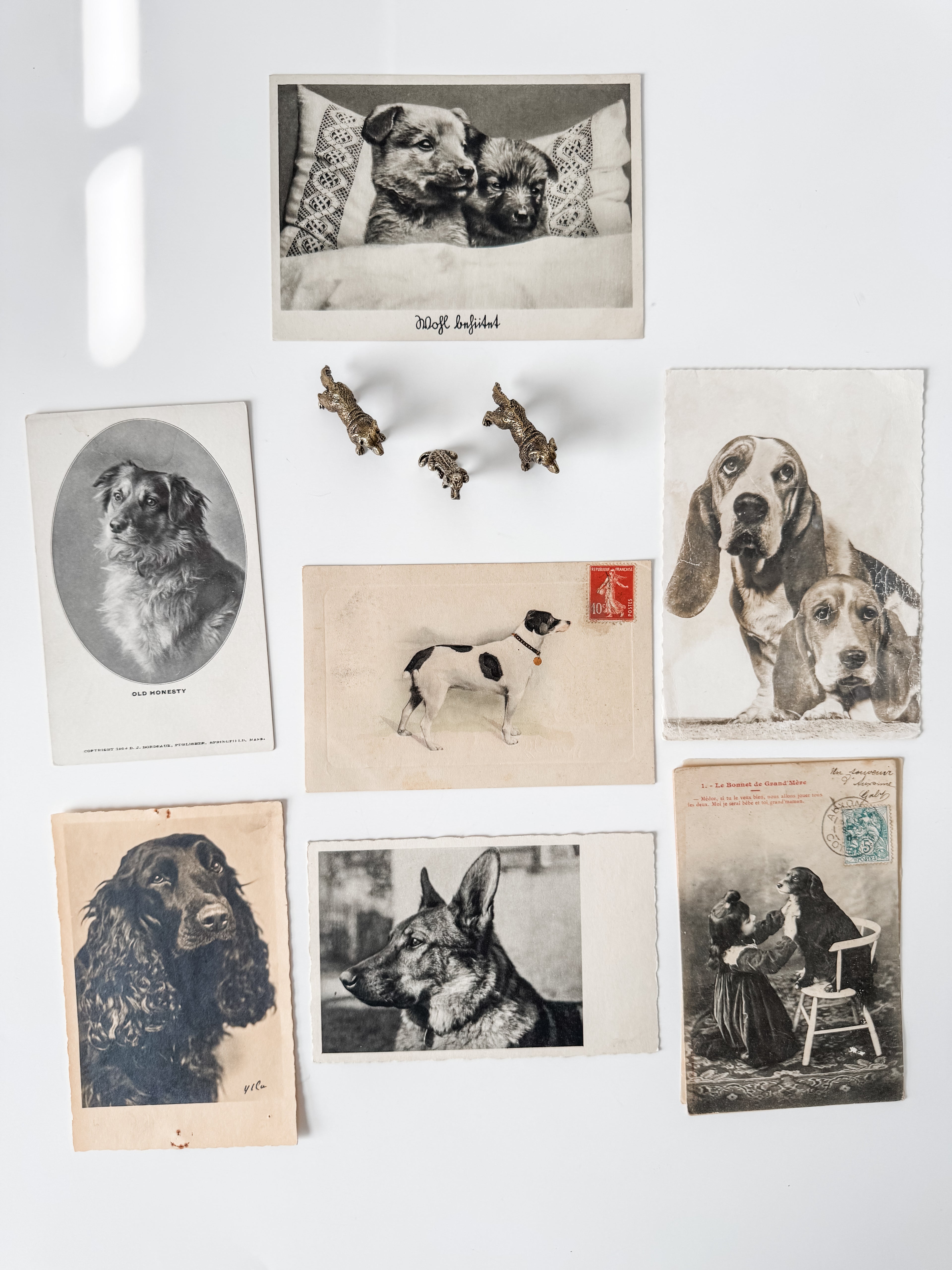 Collection Of Dog Themed Vintage And Antique Postcards And Brass Figures