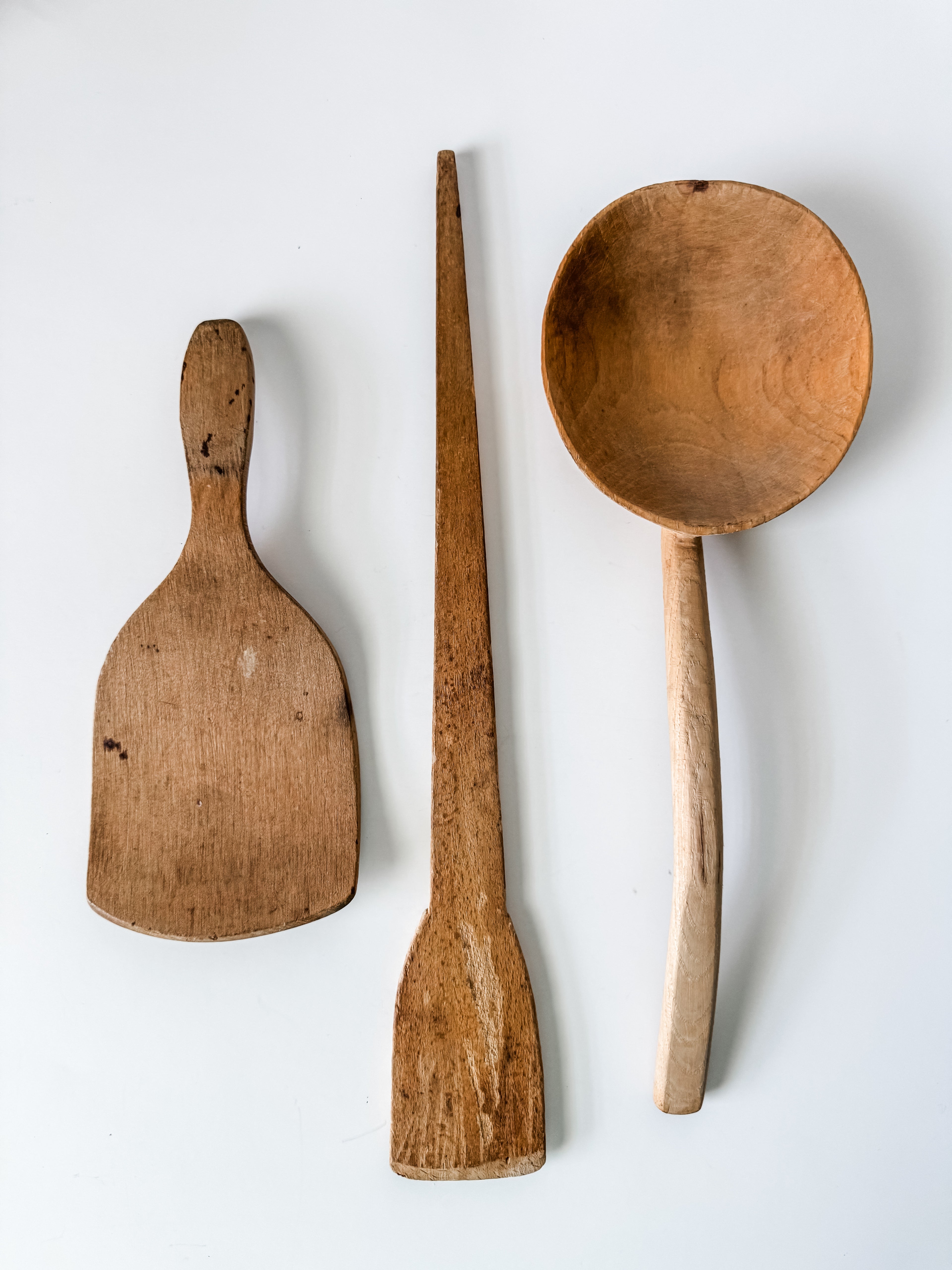 Set Of Three Hand Carved Old World Wood Utensils
