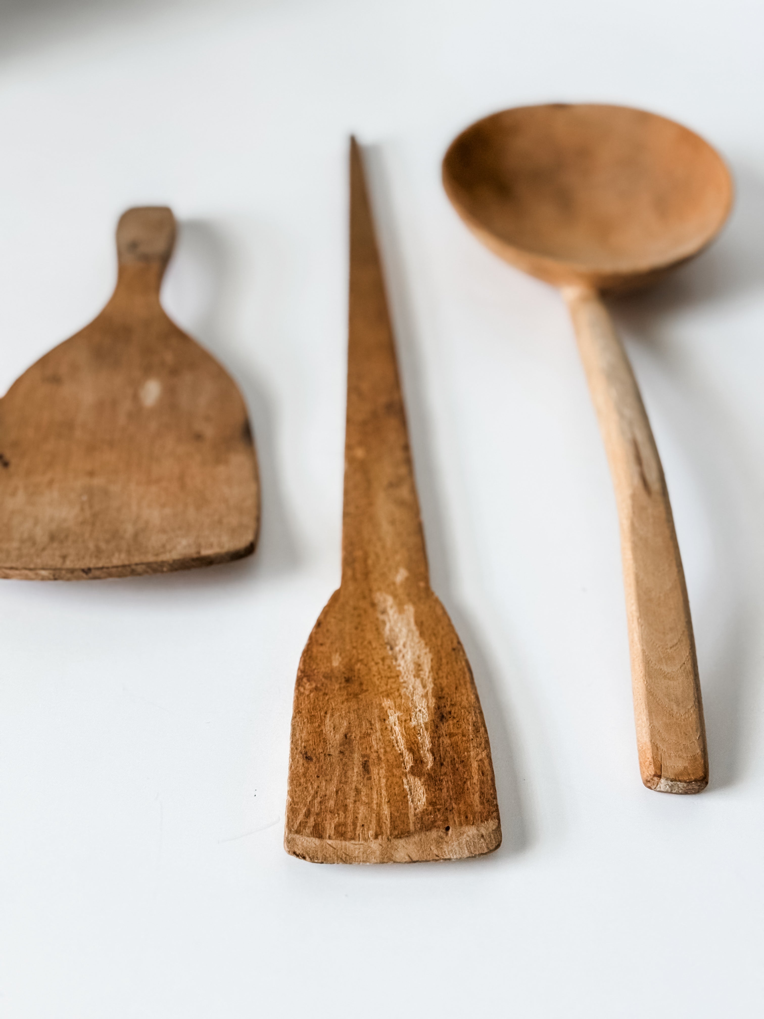 Set Of Three Hand Carved Old World Wood Utensils