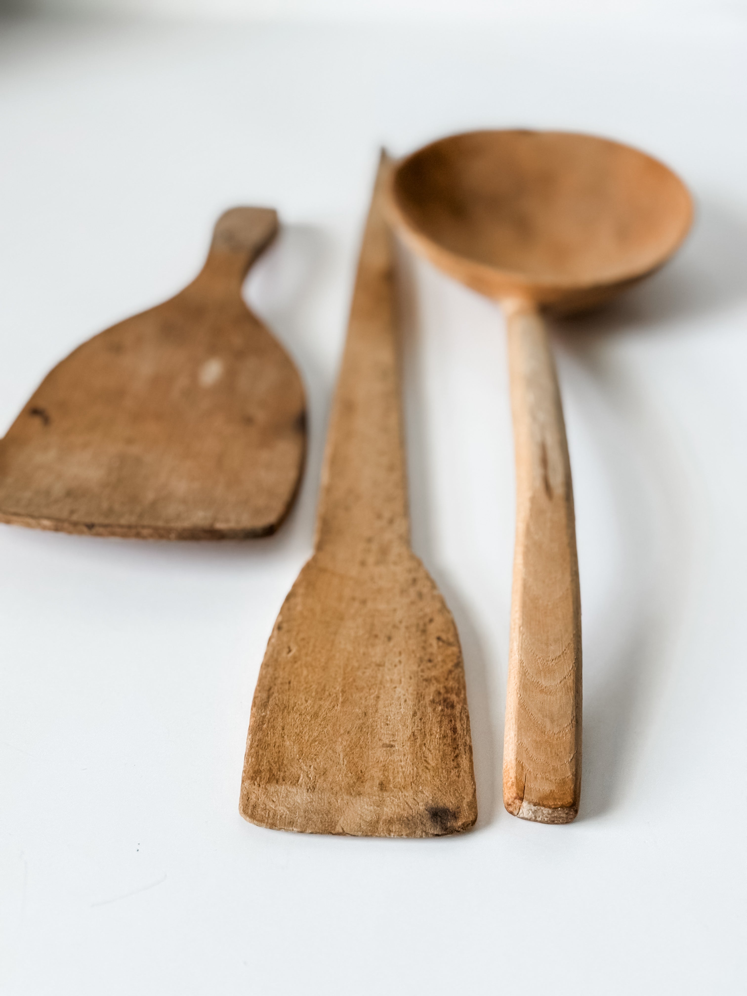Set Of Three Hand Carved Old World Wood Utensils