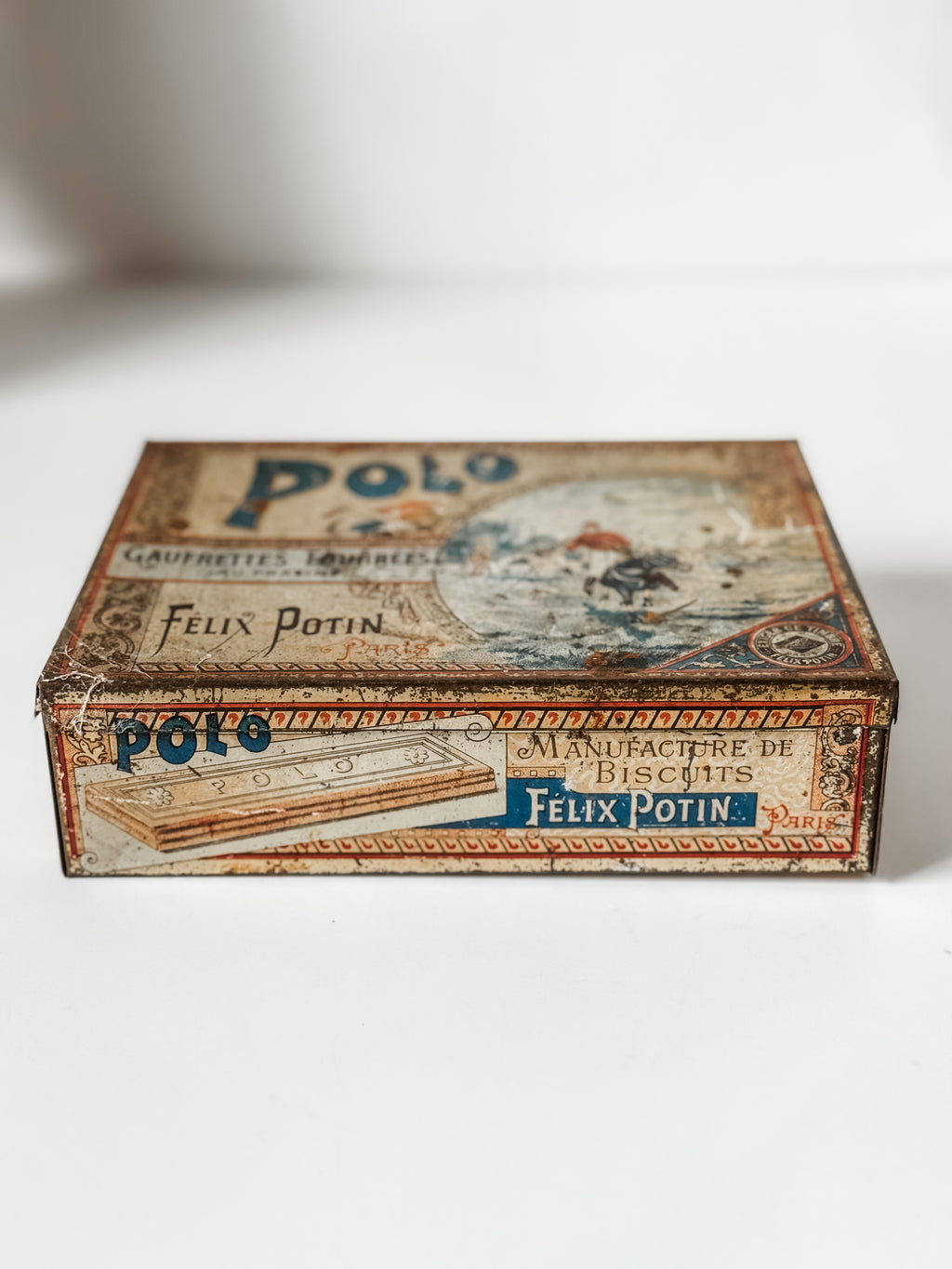 Antique Felix Potin Biscuit Tin With Polo Graphics