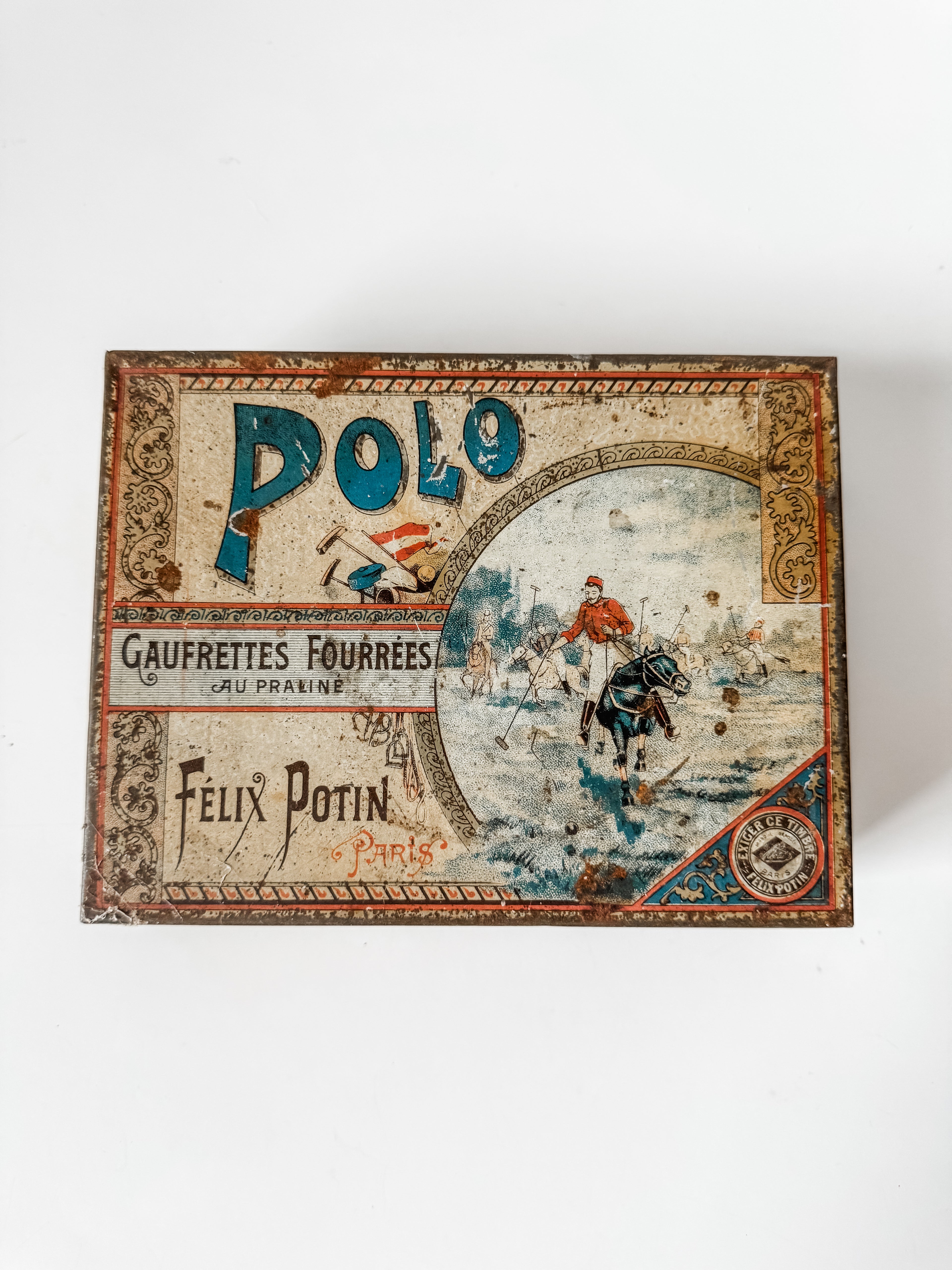 Antique Felix Potin Biscuit Tin With Polo Graphics