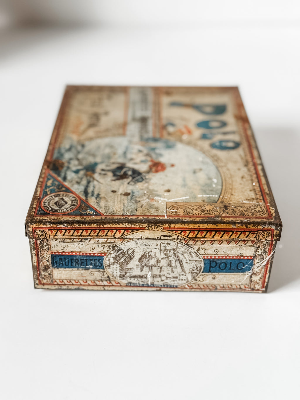 Antique Felix Potin Biscuit Tin With Polo Graphics