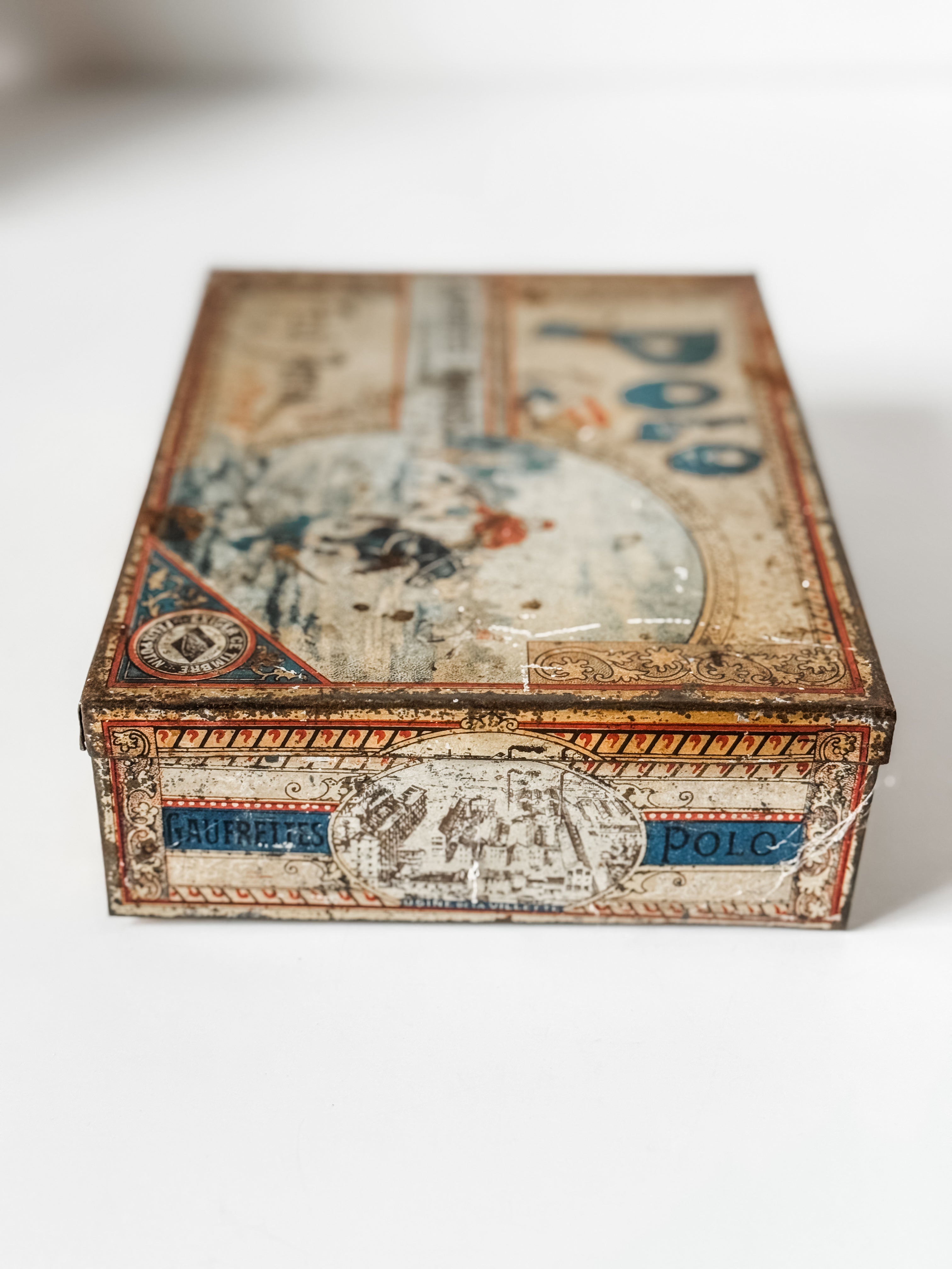 Antique Felix Potin Biscuit Tin With Polo Graphics