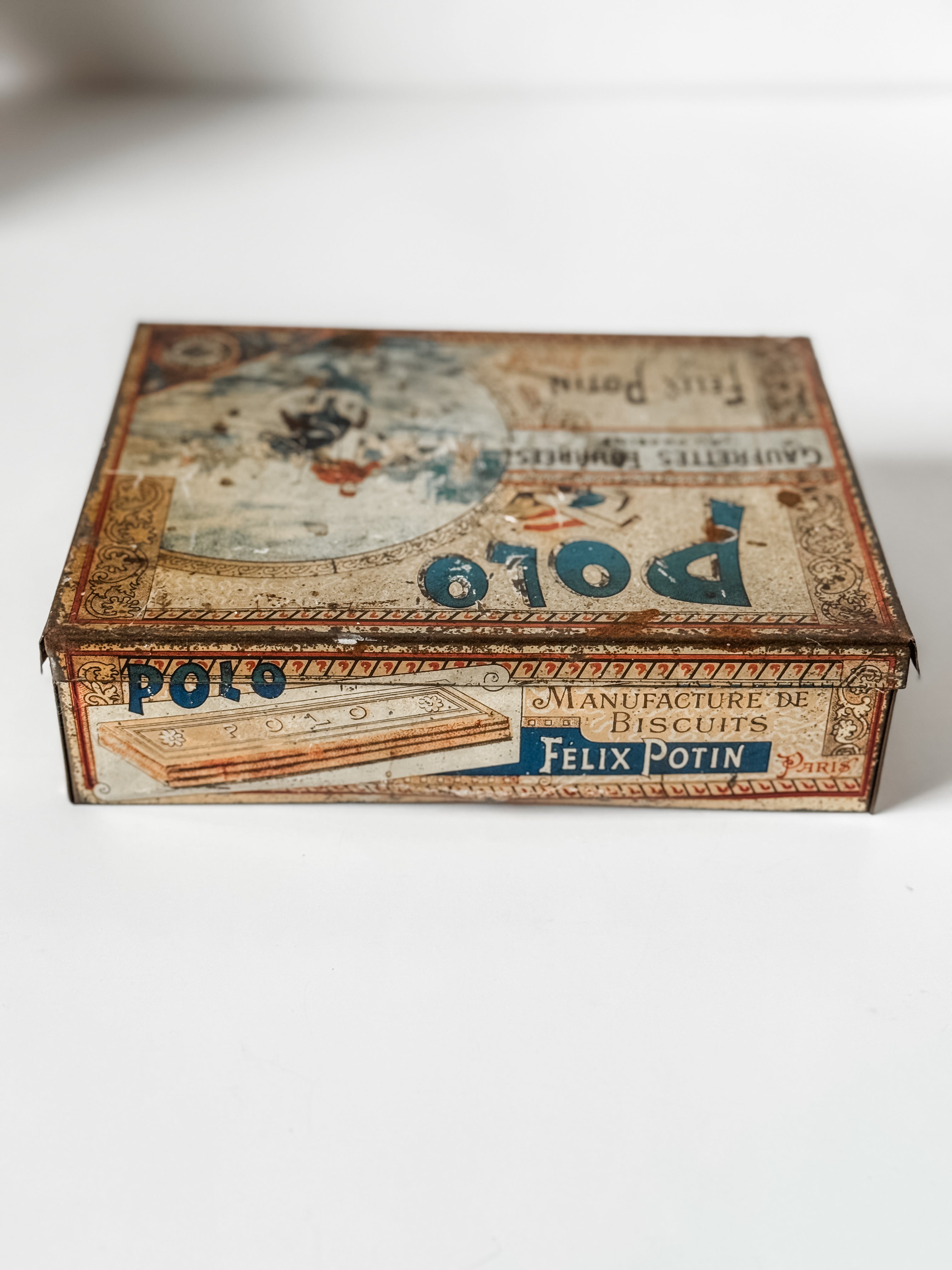 Antique Felix Potin Biscuit Tin With Polo Graphics