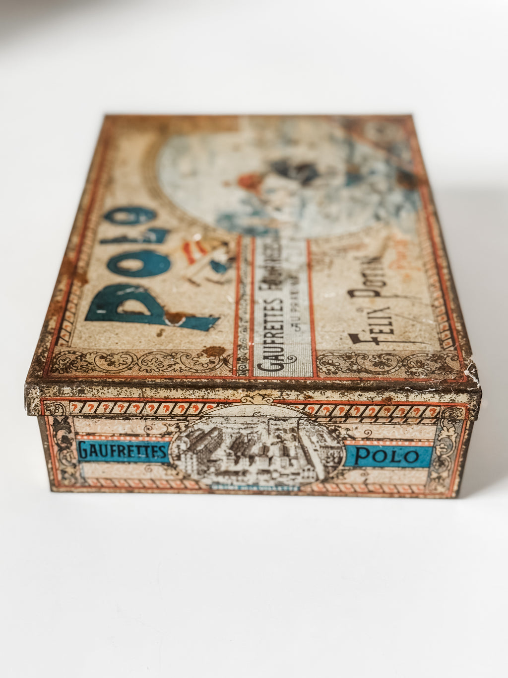 Antique Felix Potin Biscuit Tin With Polo Graphics