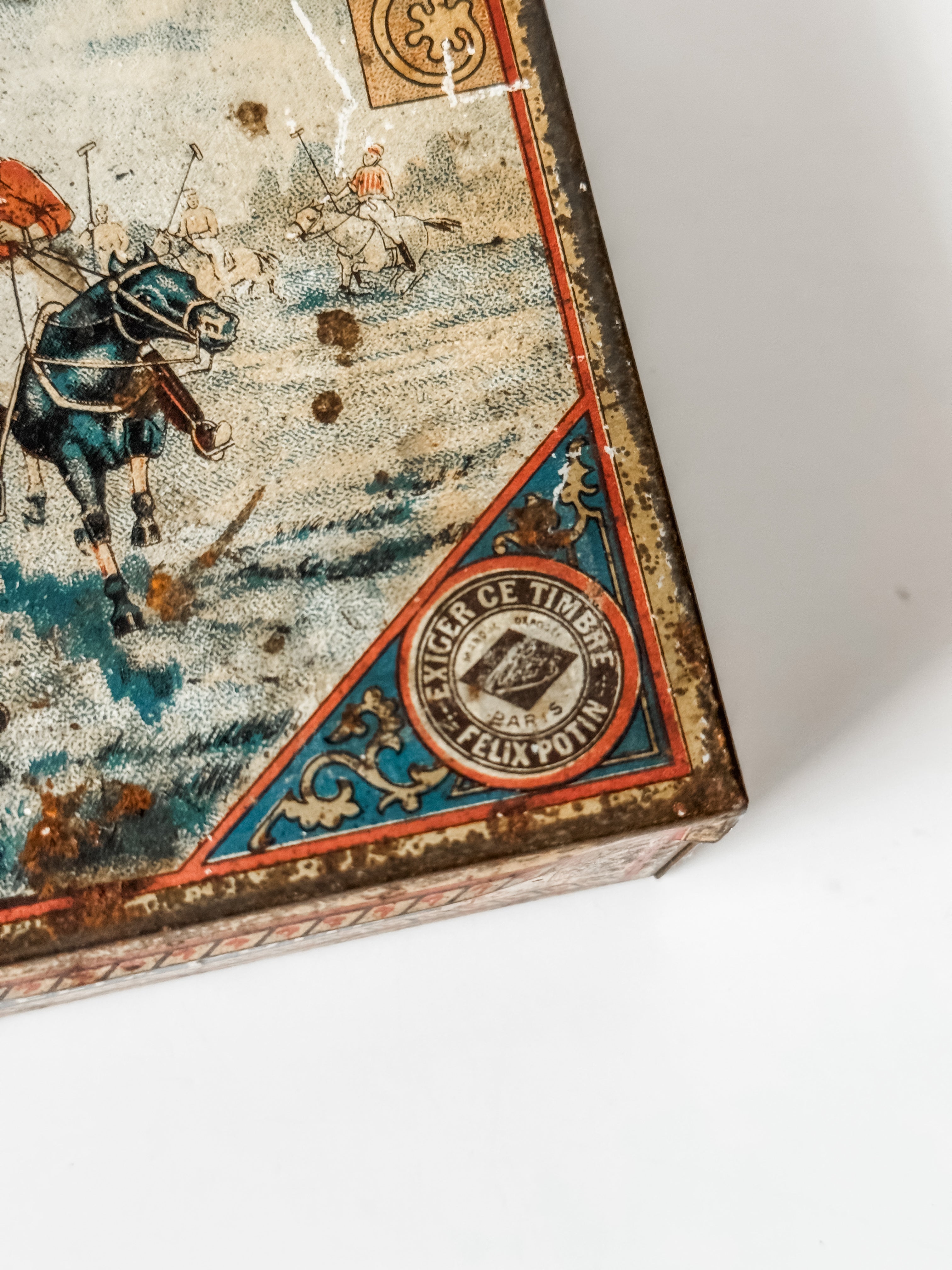 Antique Felix Potin Biscuit Tin With Polo Graphics