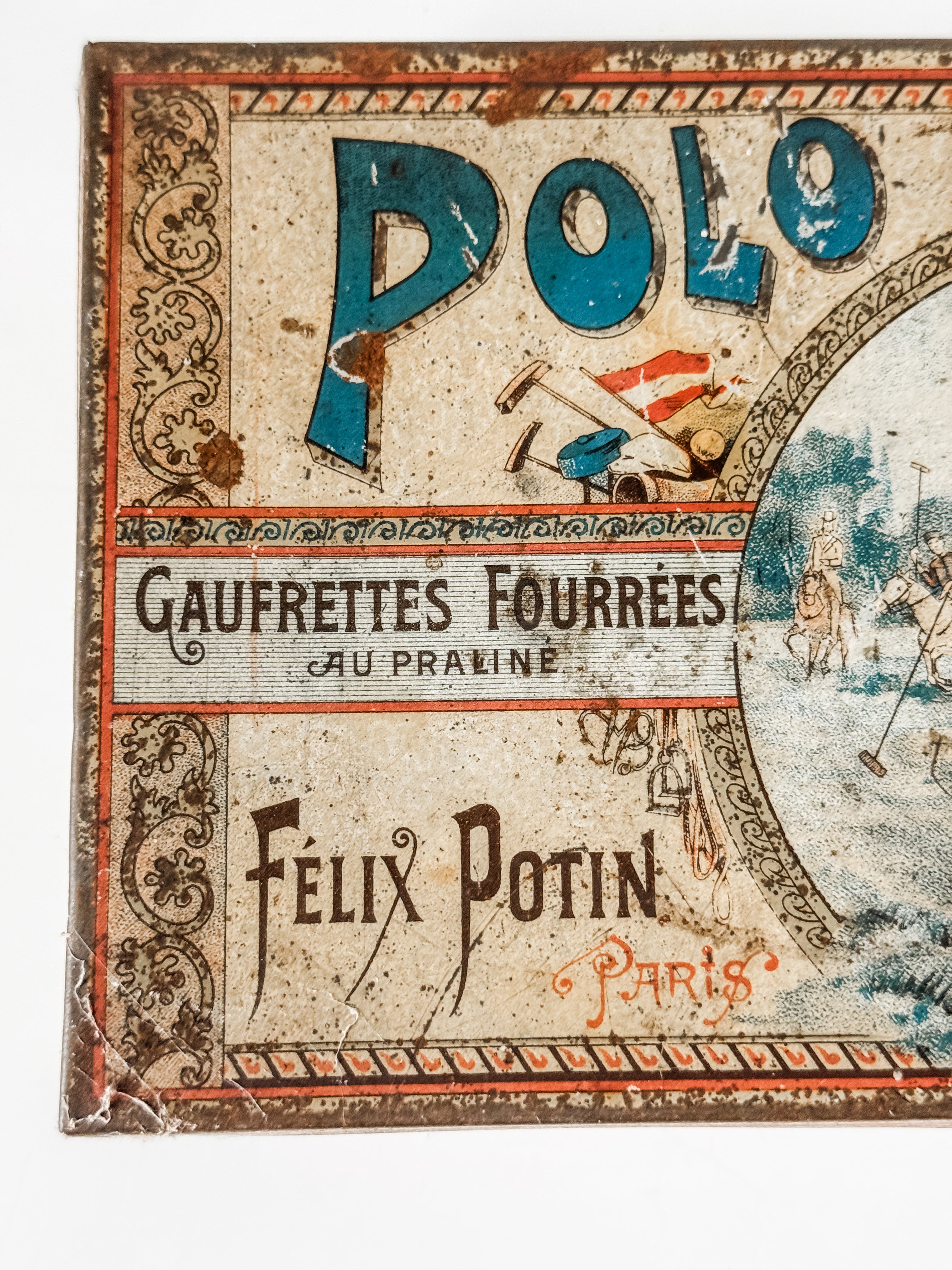 Antique Felix Potin Biscuit Tin With Polo Graphics