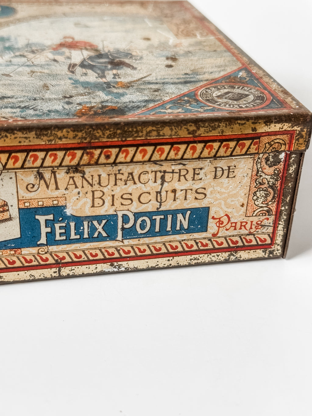 Antique Felix Potin Biscuit Tin With Polo Graphics