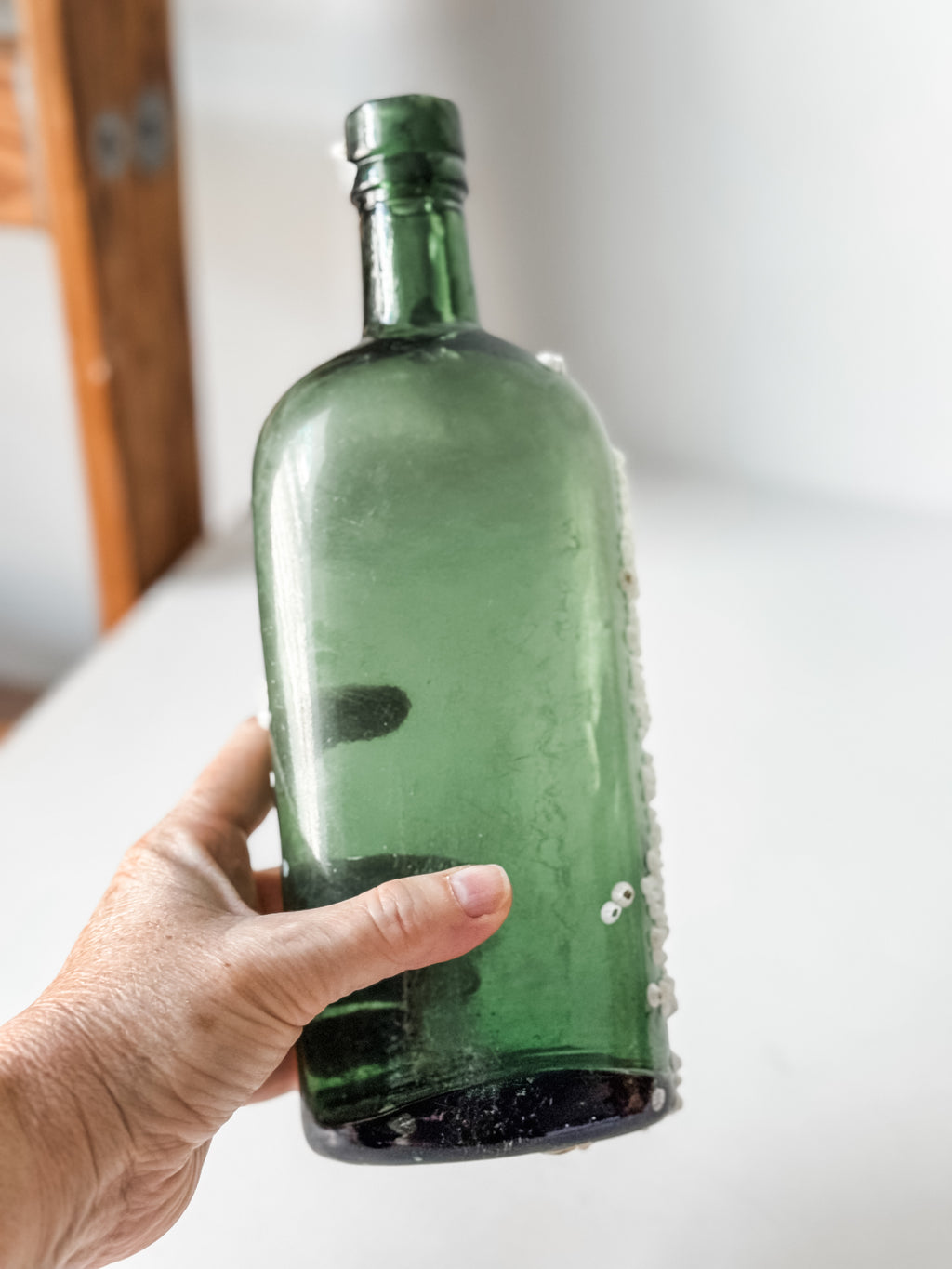 Antique Green Glass Bottle With Barnacles